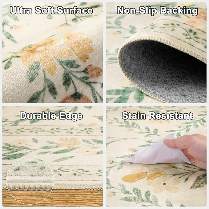 Area Rug Living Room Rugs: Floral 5x7 Washable Rug Vintage Soft Boho Non-Slip Carpet Indoor Stain Resistant Large Carpets for Bedroom Dining Room Farmhouse Nursery Hallway Home Office Beige/Multi