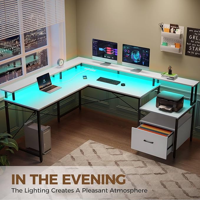 Rolanstar Computer Desk with File Drawer, 64" L Shaped Desk with Power Outlet & LED Strip, L Shaped Computer Corner Desk with File Cabinet, Gaming Desk with Monitor Shelf, Home Office Desk, White