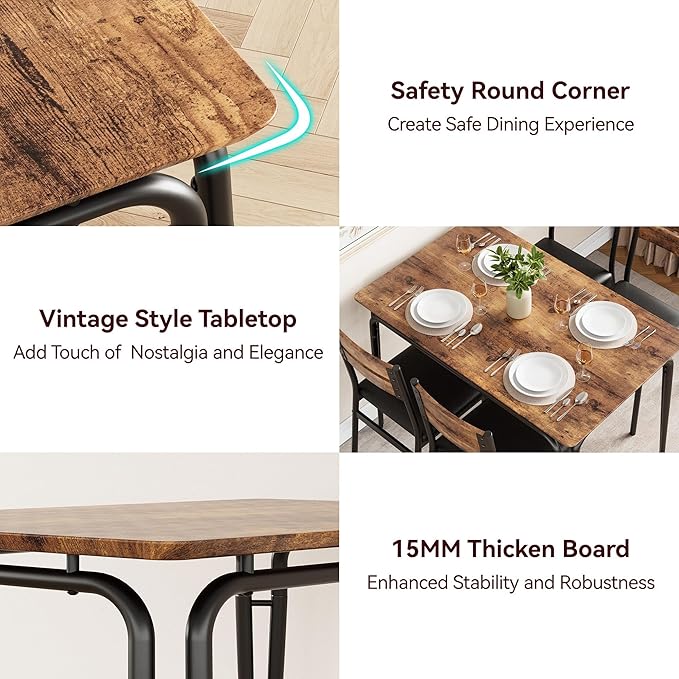 5 Piece Dining Table Set for 4, Compact Square Table Chairs, Sturdy MDF Top, Metal Frame, Space-Saving Breakfast Set for Kitchen, Apartment, Office, Easy Assembly Wipe-Clean