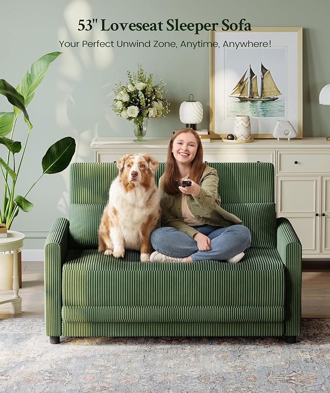 53” Convertible Sofa Bed Couch, Corduroy Couch Bed, 6-Position Loveseat Sleeper Sofa, Love Seat Sleeper Bed 23.6" Extra Deep Seat, Modern Couches for Living Room/Apartment/Home/Office, Green