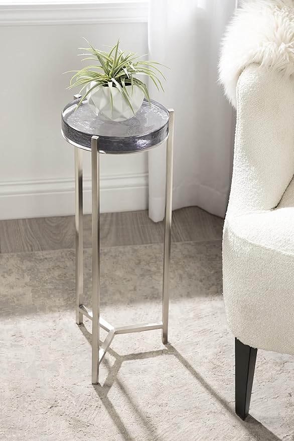 Kate and Laurel Aguilar Modern Drink Table, 9 x 9 x 23, Silver with Tinted Glass, Detailed Glass Accent Table for Small Spaces