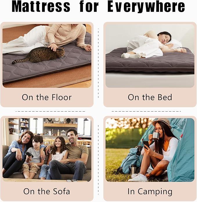 Japanese Floor Futon Mattress, Tatami Mat Sleeping Pad, Shikibuton, Mattresses Topper, Roll Up Dormitory Mattress, Foldable & Portable Floor Lounger Bed, Guest Bed(Grey, Twin)