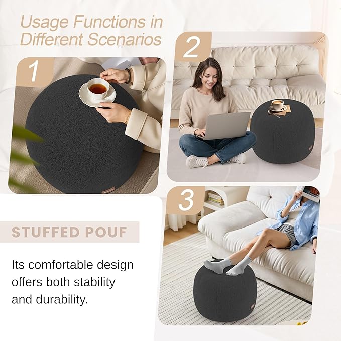 MeMoreCool Stuffed Round Pouf Ottoman Foot Rest, Floor Pouf Foot Stool with Soft Foam Chunk Filling, Small Round Ottoman Footstool Circle Footrest for Living Room, Dark Grey