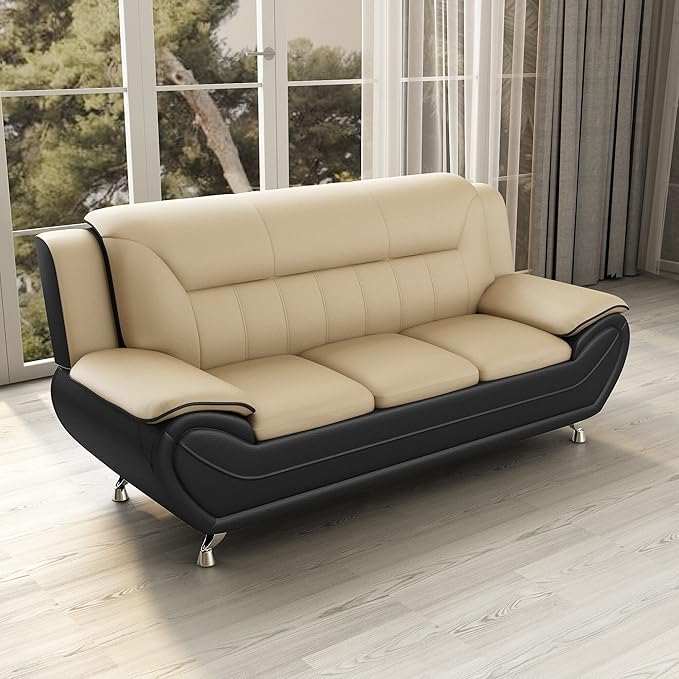 Container Furniture Direct Michael Modern Faux Leather Upholstered Stainless Steel Legs Living Room Sofa, Black Camel
