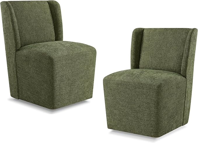 Upholstered Dining Chair with Casters Wingback Modern Side Armless Deskchair with Rollers for Diningroom Bedroom Livingroom Reading Room,Green,2 Box