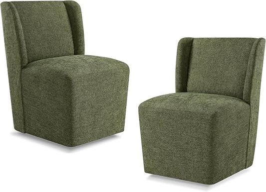 Upholstered Dining Chair with Casters Wingback Modern Side Armless Deskchair with Rollers for Diningroom Bedroom Livingroom Reading Room,Green,2 Box