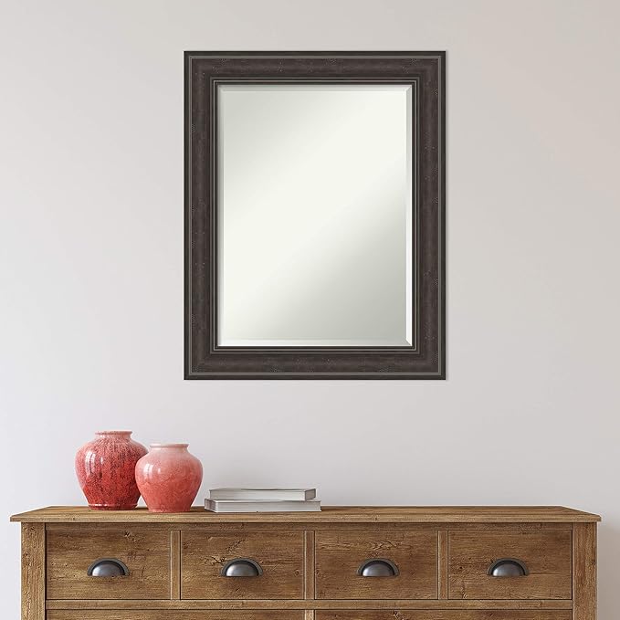 Amanti Art Brown Bathroom Mirror for Over Sink, 30x24 Shipwreck Greywash Rectangle Vanity Mirror, Medium Traditional Frame, Hangs Horizonally and Vertically, Bathroom Wall Decor, Beveled Edge