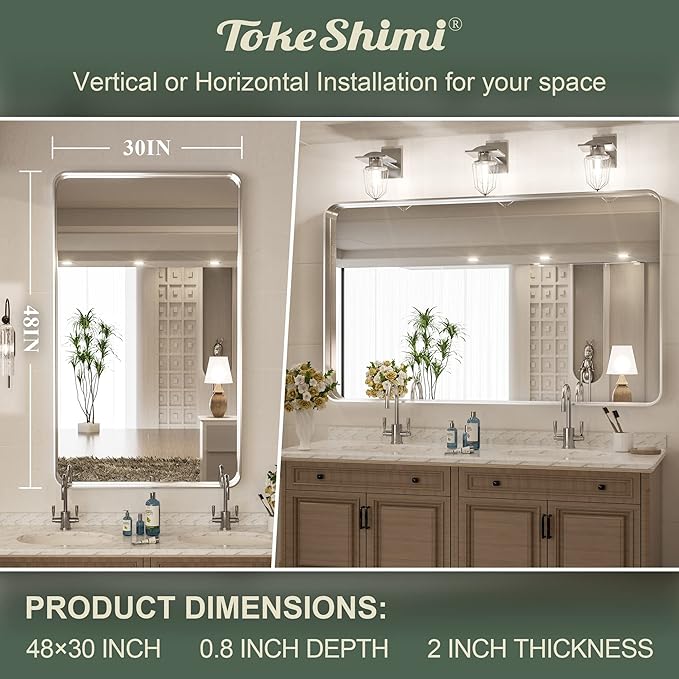 TokeShimi 48 x 30 Inch Brushed Silver Bathroom Mirror for Wall Brushed Brass Metal Rounded Corner Rectangle Mirror Metal Frame Deep Set Design Hangs Horizontal Or Vertical