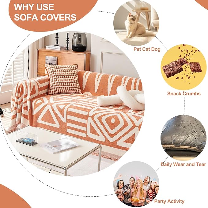 STACYPIK Soft Thick Boho Orange Loveseat Sofa Covers Modern Geometric Couch Cover for 1 Cushion Couch Reversible Pet-Friendly Protector Covers with Tassels Washable Caramel Sofa Throw Covers-71X71IN