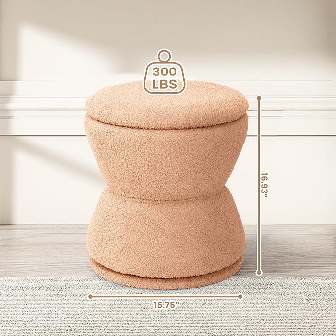 360 ° Swivel Storage Ottoman, Boucle Ottoman Vanity Stool, Upholstered Footstool with Storage Removable Lid, Modern Round Boucle Footrest Coffee Table for Living Room, Dorm, Makeup Room, Coral