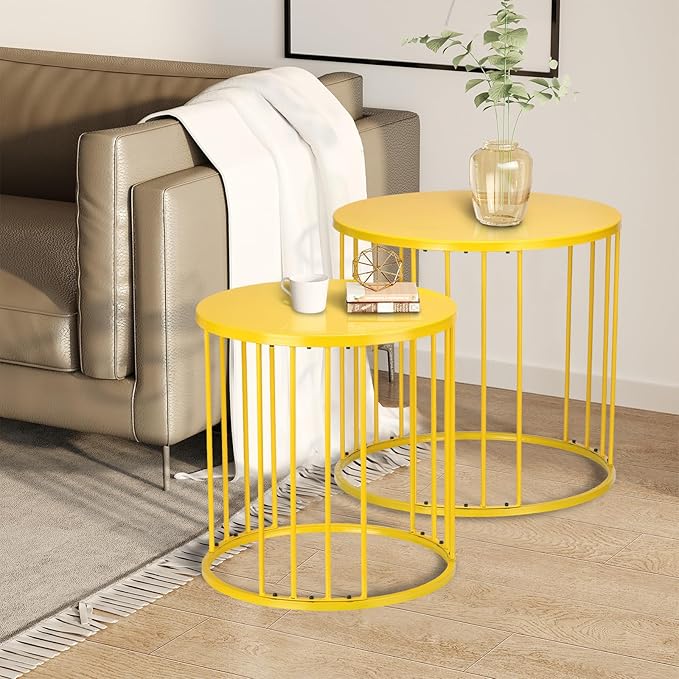 LEWIS&WAYNE Outdoor Side Table Set of 2, Metal Circle Accent End Tables for Balcony Backyard Garden Indoor Living Room, Durable Nesting Coffee Tables, 20”+16” Dia, Yellow