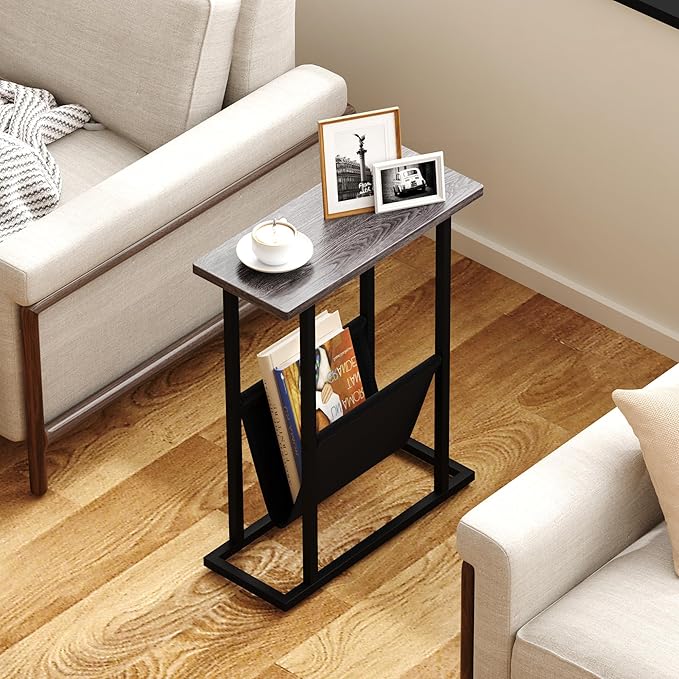 Yusong Narrow Side Table for Small Spaces, Small End Table with Magazine Holder, Skinny Slim Little Thin Table for Living Room, Bedroom, Sofa, Grey Oak
