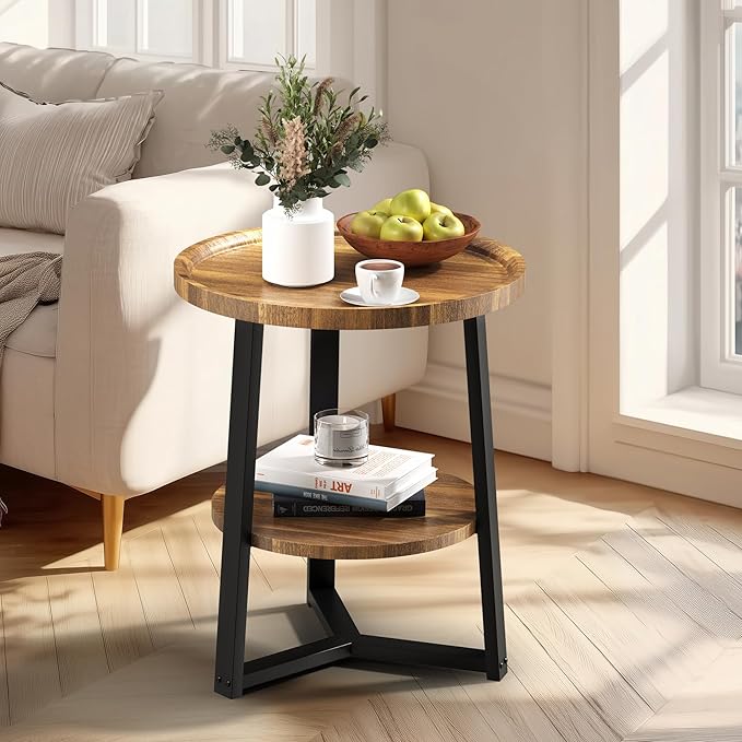 PPAMAPIC Round End Table, 2 Tier Side Table with Storage Shelf, Nightstand Accent Table for Living Room Bedroom Small Space, Black Metal Frame, 19.7" D x 23.6" H, Rustic Brown