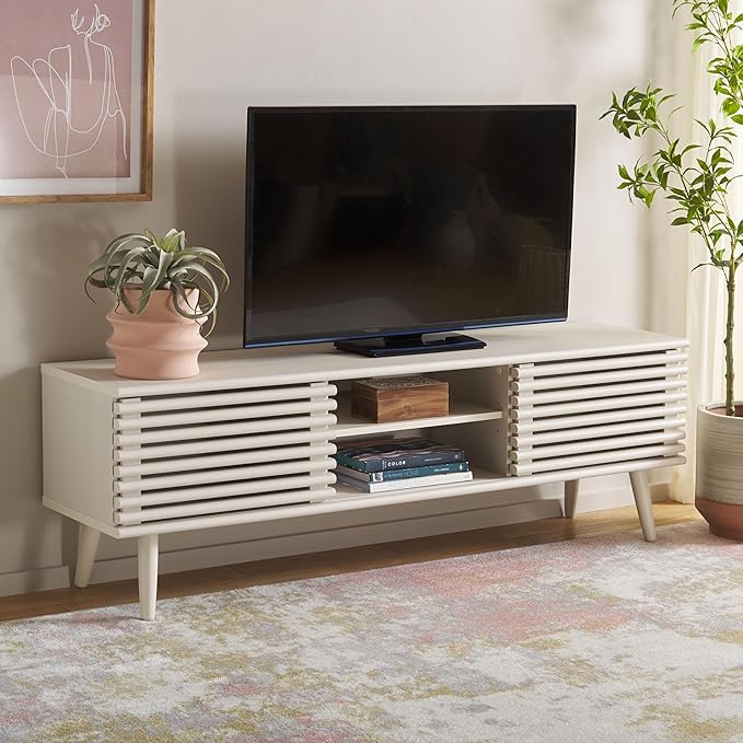 SAFAVIEH Averi TV Stand for up to 65" Flatscreen – White Wash, 2 Sliding Doors with Interior Storage, 2 Open Shelves, Entertainment Media Console (MED9637D)