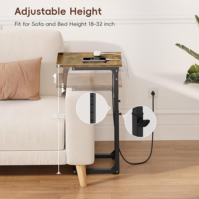 Vagusicc C Shaped End Table with Charging Station, 33" Tall Side Table for Couch, C Table Adjustable Height Small Couch Side Table, Slide Under Sofa Table TV Tray Table for Living Room, Bedroom, Brown