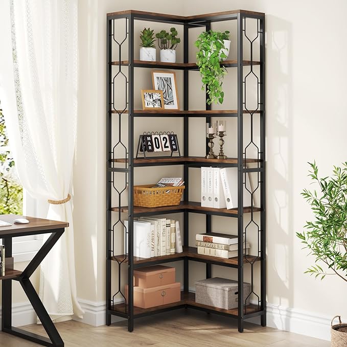 Tribesigns Corner Shelf, 7-Tier Industrial Corner Bookshelf, Wood and Metal Etagere Bookcase, Freestanding Display Shelf for Living Room, Kitchen, Home Office, Rustic Brown