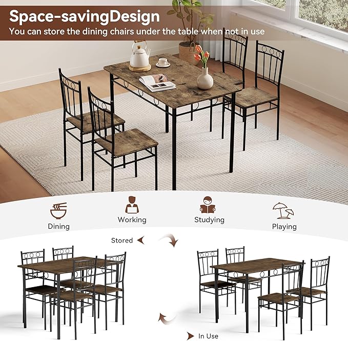 Vipbear Kitchen Dining Table Set for 4, 5-Piece Kitchen Table Set,Dining Room Table Sets,Rectangular Kitchen Table Set with 4 Chairs for Small Space, Dinette,Apartment, Rustic Brown