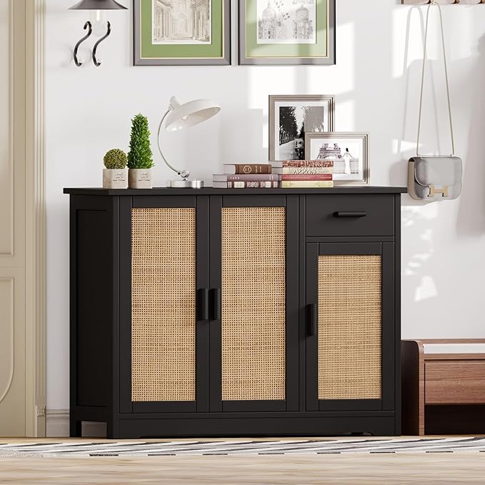 Irontar Kitchen Storage Cabinet, Sideboard Buffet Cabinet with Rattan Doors, Farmhouse Console Table with Drawer, Coffee Bar, Accent Table for Kitchen, Living Room, Hallway, Black and Natural CWG010BM