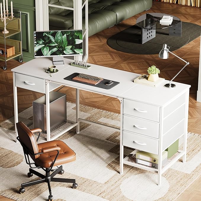 Huuger 63 Inch White Desk with 4 Drawers, Vanity Desk with Mesh Shelf, Large Storage, Computer Desk Office Desk for Home Office, Bedroom, Work from Home