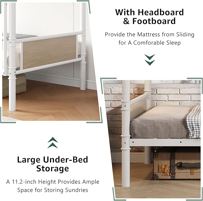 Metal Bunk Bed Twin Over Twin, Industrial Bunkbeds Heavy Duty Bed with Safety Guard Rails and Space-Saving Design, Steel Bed for School, Bedroom (White)