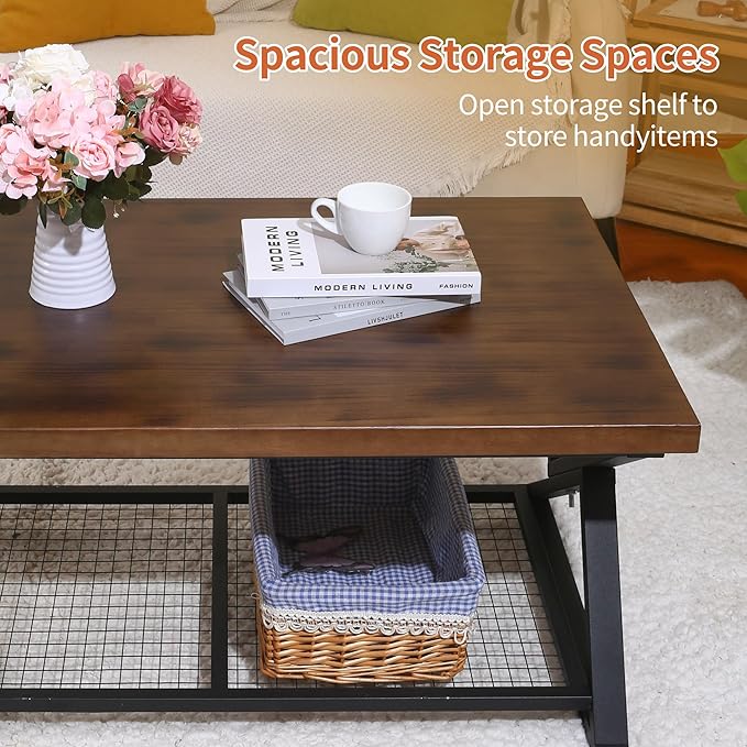 EASYSOUL Coffee Table with Storage Shelf, Solid Wood Top with Black Metal X-Frame, 39.37" D x 23.62" W x 18.11" H, Mid Century Modern Center Coffee Tables for Living Room with 2 Tier (Brow, 47.24")