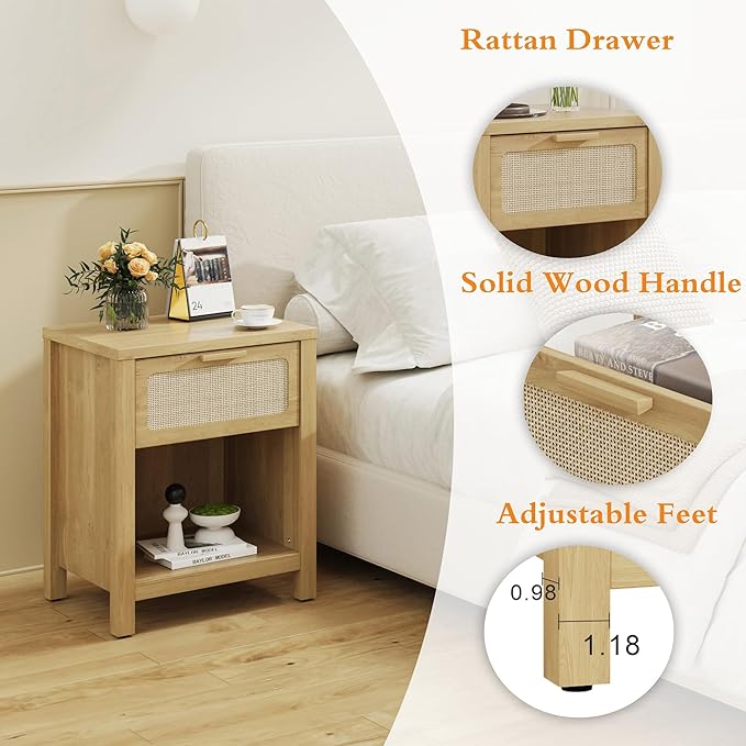Rattan Nightstand, Farmhouse Bedside Table with Opening Storage,Large Side Table with Drawer,Boho Night Stand,Wooden End Table,Handmade Solid Wood Handle,Natural CTG65Y
