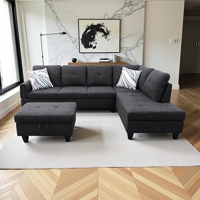 Couches for Living Room Modern L Shaped Couch Comfy Linen Fabric 3 Pieces Sectional Sofa with Chaise, Ottoman with Storage for Office and Small Apartment, Dark Grey