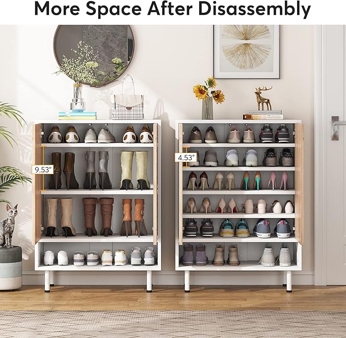 Tribesigns Shoe Cabinet, 18 Pair Rack Organizer Cabinet with Door, 6-Tier Modern Storage Shelves for Entryway Hallway Closet, White and Brown