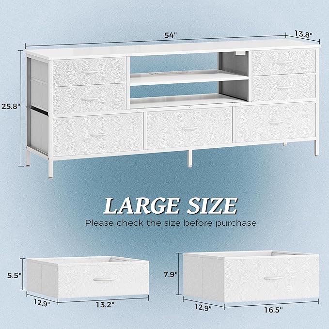 Huuger Dresser for Bedroom With Power Outlets and LED Lights, 7 Drawers TV Stand for 60 Inch TV, Console With Open Shelf, 55 Inches Wide White, PU Leather