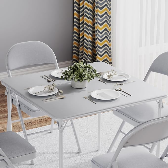 VECELO Portable Folding Card Table Square and Chair Set (5pc) with Collapsible Legs & Vinyl Upholstery, Metal, Grey