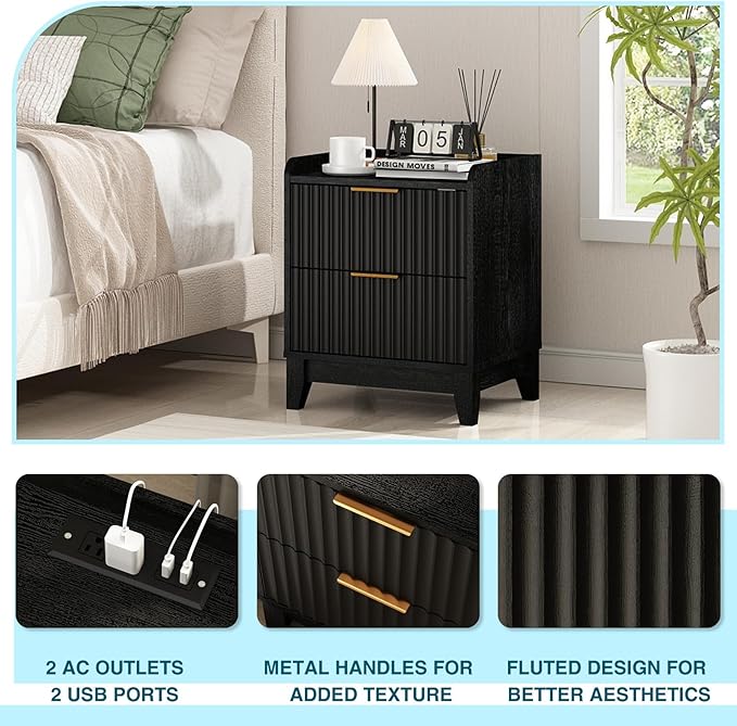 Wnutrees Fluted Nightstand with Charging Station, Modern Bedside Table with 2 Drawers, Farmhouse Wooden End Side Table Living Room, 2 Pack, Black