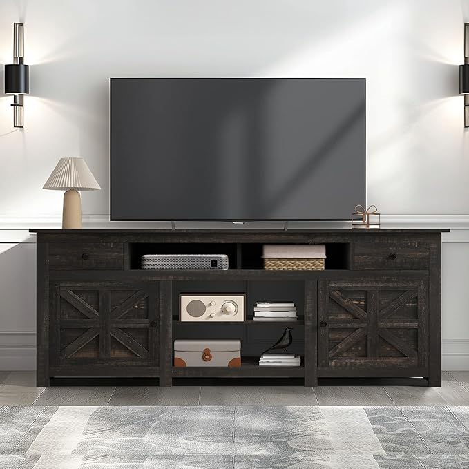DWVO Farmhouse TV Stand for 75/80 Inches TVs, Entertainment Centers Furniture 30" Tall, TV Consoles with Storage Drawers & Power Outlet, Rustic TV Stands for Living Room, Dark Rustic Oak