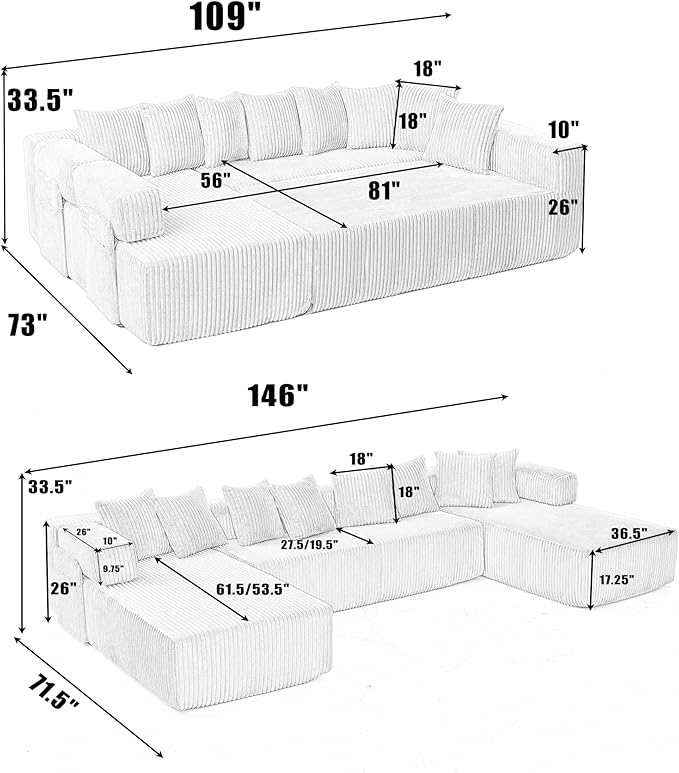 Eafurn DIY Combination Compression Modular Sectional Sofa with Double Chaise Lounge, 146" Oversized U Shaped Boneless Couch with Deep Seat Convertible Sleeper Sofabed w/Throw Pillows