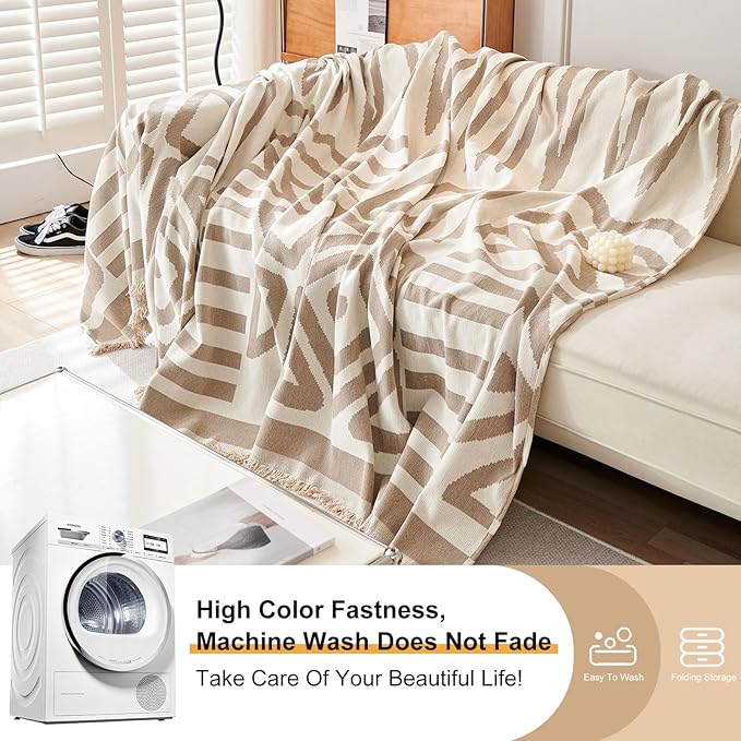 STACYPIK Thick Boho Sofa Cover Beige Khaki Triangle Plaid Couch Cover Skin Pet-Friendly Chenille Sofa Protector for 3 Cushion Couch Reversible Couch Cover Tassel Washable Sectional Sofa Cover-91X134IN