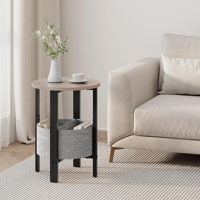 Vagusicc Small Round Side Table End Table with Storage Basket, Accent Coffee Tables Modern Round Nightstand, Set of 2 Half Round Tables, Tall Sofa Table Bedside Table for Living Room Bedroom,Gray