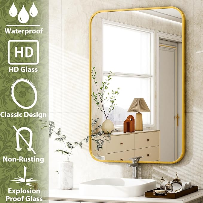 26 x 38 Inch Bathroom Mirror, Rounded Rectangular Vanity Mirror for Wall, Modern Mirror for Room Decor, Gold Framed Wall-Mounted Mirrors for Home Decor, Hangs Horizontally or Vertically
