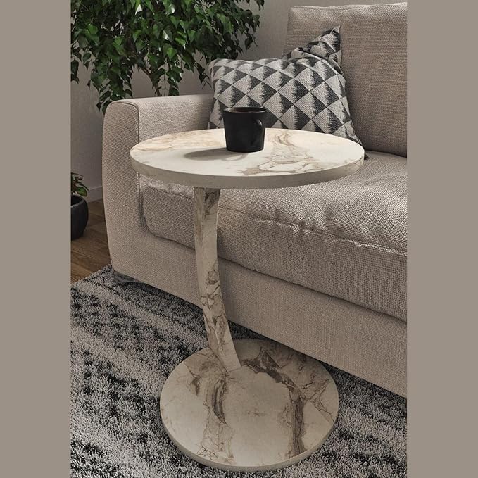 C Shaped End Table for Couch Small Places, Faux Marble White Space Saver Round Side Table for Sofa and Bedside with Wheels, Coffee and Snack Time Tray for Living Room (White Marble)