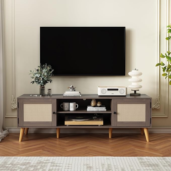 TV Stand for TVs up to 65 inches, Rattan Grain Finish Panel with 2 Storage cabinets, Modern Minimalist Style, Living Room, Audio-Visual Room for Multiple Rooms,3 Colors Available (Oak)