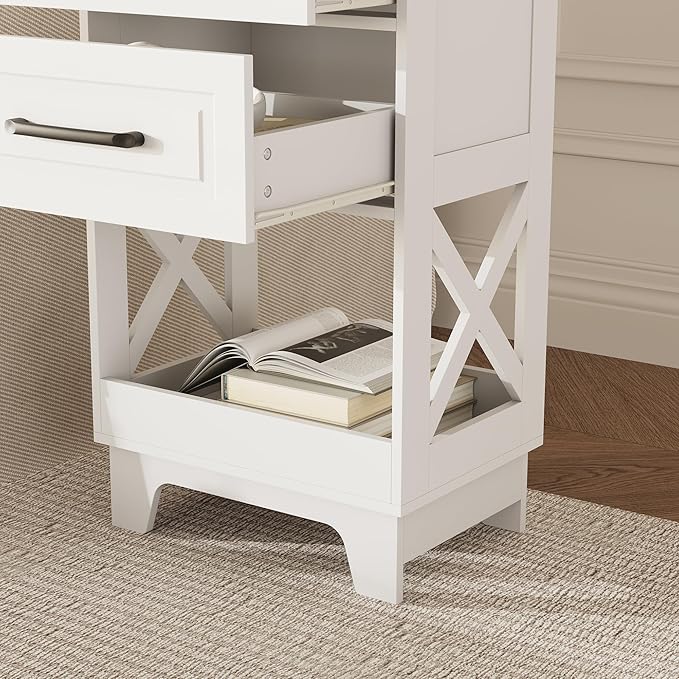 Tall Nightstand Set of 2 Side Table with 2 Drawers Modern Night Stand Wooden End Table Bedside Table with Below Open Shelf Solid Feet for Bedroom, Living Room, White
