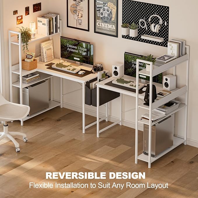 47 Inch L Shaped Computer Desk with Reversible Storage Shelves, Home Office Corner Desk Study Writing Table with Hutch, Study, White