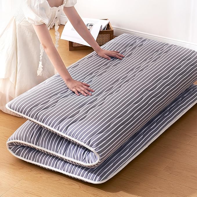 Japanese Floor Mattress, Futon Mattress Foldable, 100% High-Density Premium Foam, Thicken Tatami Mat Portable Dormitory Sleeping Pad, Small Single Size 75" X 25", Grey Stripes