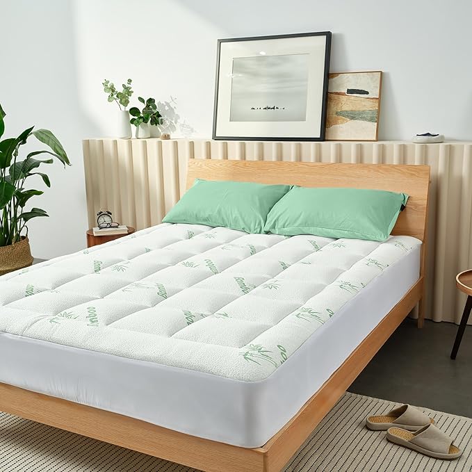 Ultra Soft King Size Mattress Topper - Viscose Made from Bamboo Pillow Top Mattress Pad for Back Pain Relief - Naturally Cooling for Hot Sleepers, Green