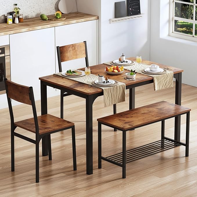 SogesHome 4-Piece Kitchen Table and 2 Chairs for 4 with Bench, Dining Table Set for Small Space, Apartment, Living-Room, Restaurant, Vintage Brown