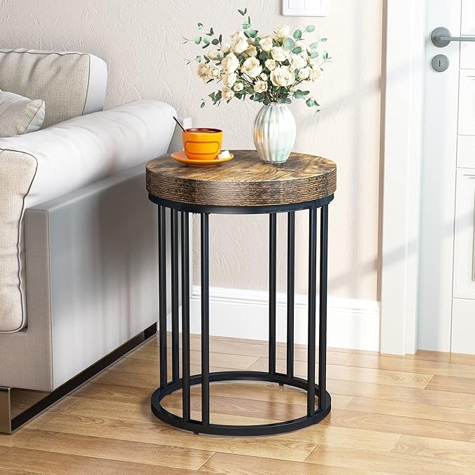 LITTLE TREE Round Side Table, End Table with Metal Frame, Small Wood Tables Tiny Coffee Accent Table Nightstand for Smaller Spaces, Living Room, Bedroom, Balcony (Brown, 2PCS)