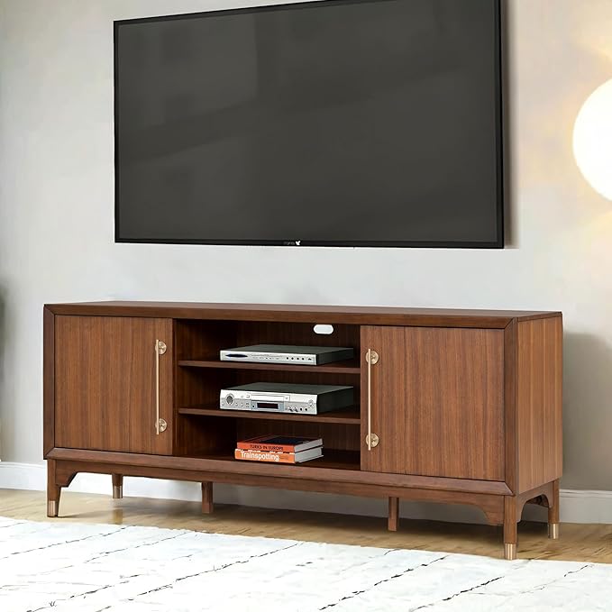 Furniture of America Forma Mid-Century Modern 70-inch TV Stand with Storage Cabinet and 3 Cable Holes, Entertainment Center Console for Living Room, Bedroom, Guest Room, Walnut