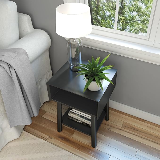 Plank+Beam Wooden Side Table with Cubby Storage Shelf, Mid Century Modern End Tables for Living Room, Small Solid Wood Nightstand, Bedside Tables, Bedroom Furniture, Black