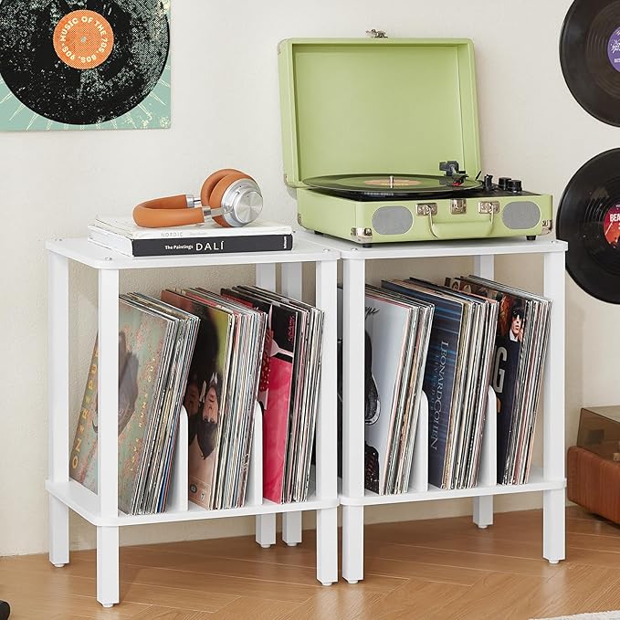 LELELINKY 2-Tier Bamboo Record Player Stand Set of 2 with Vinyl Record Storage up to 100 Albums, Boho Bedroom Record Holder and Multi-Functional End Table for Living Room, White