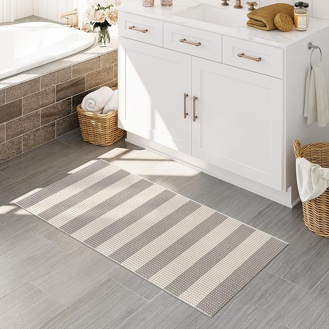 OJIA Front Door Rug 24"x51" Washable Checkered Rug Cotton Woven Small Outdoor Rug Kitchen Entryway Rugs Indoor Doormat Outdoor Entrance Porch Carpet for Bathroom Bedroom (Gray/White/Tan)
