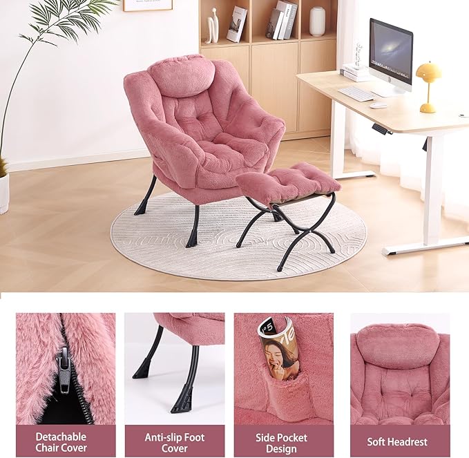 LITA Lazy Chair with Ottoman, Modern Accent Leisure Upholstered Sofa Chair, Lounge Reading Chair with Armrests and a Side Pocket for Living Room, Bedroom & Small Space, Plush Dark Pink