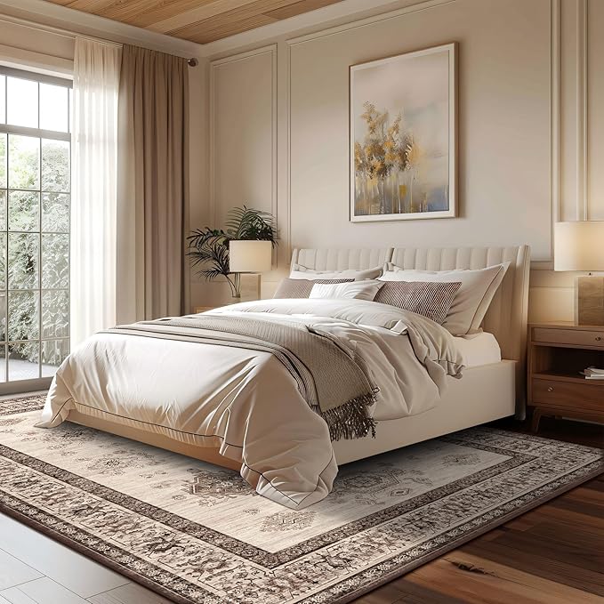 8X10 Area Rugs Machine Washable Rugs for Living Room, Vintage Boho Large Rugs for Bedroom Dining Room, Non Slip Indoor Soft Distressed Lightweight Thin Low Pile Carpet, Beige